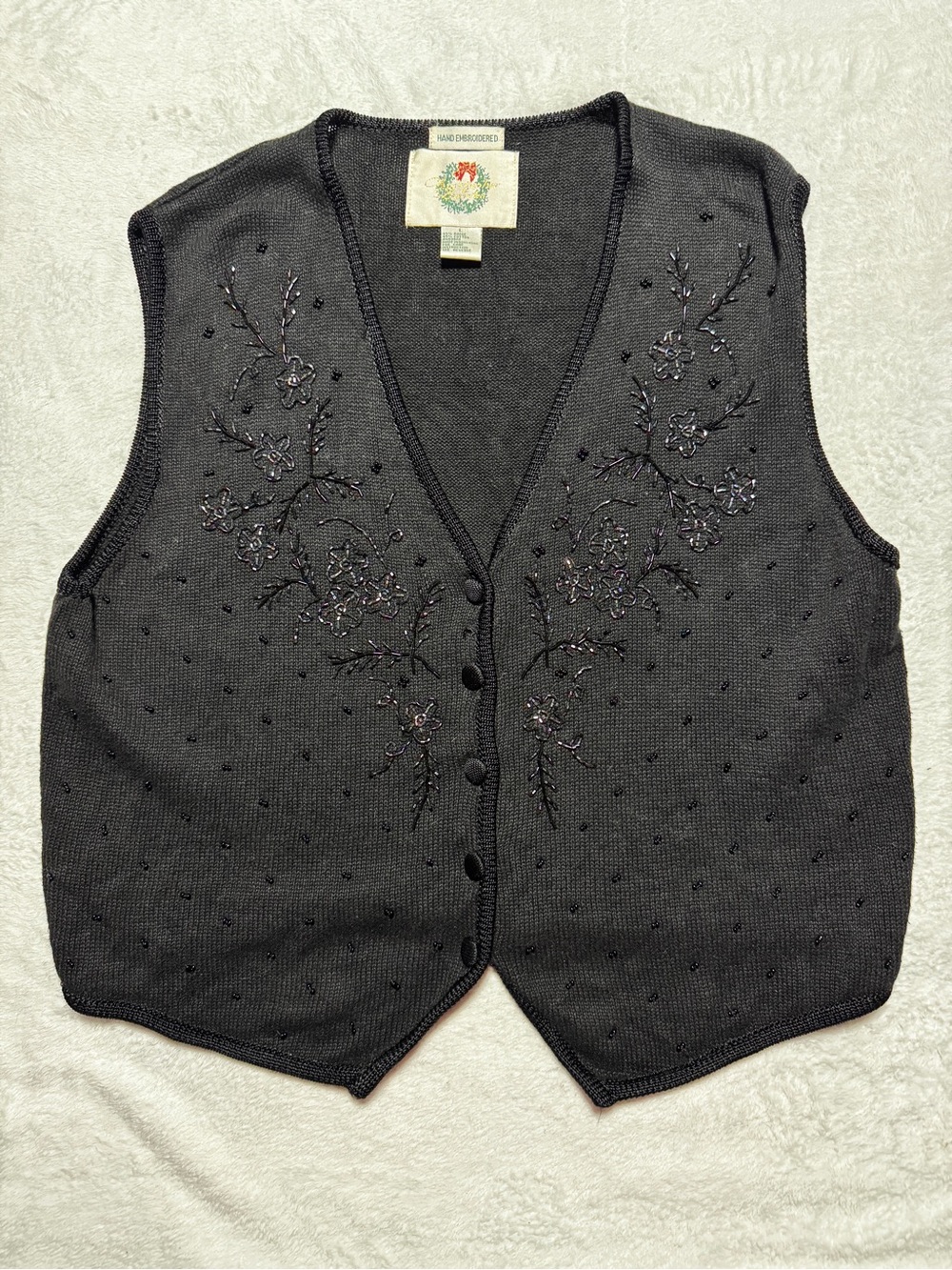 Vintage 90s Christopher & Banks Christmas Beaded Sweater Vest L Black Holiday